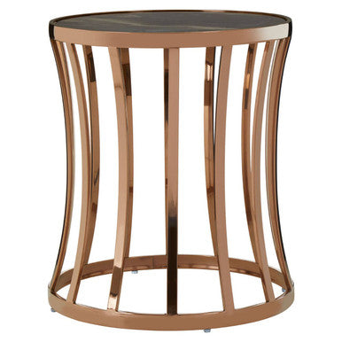 Black Marble Top Round Side Table with Gold Rose Finish Base, Tula