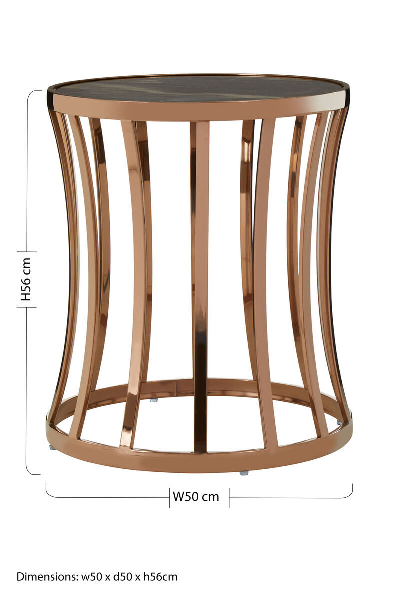 Black Marble Top Round Side Table with Gold Rose Finish Base | Tula