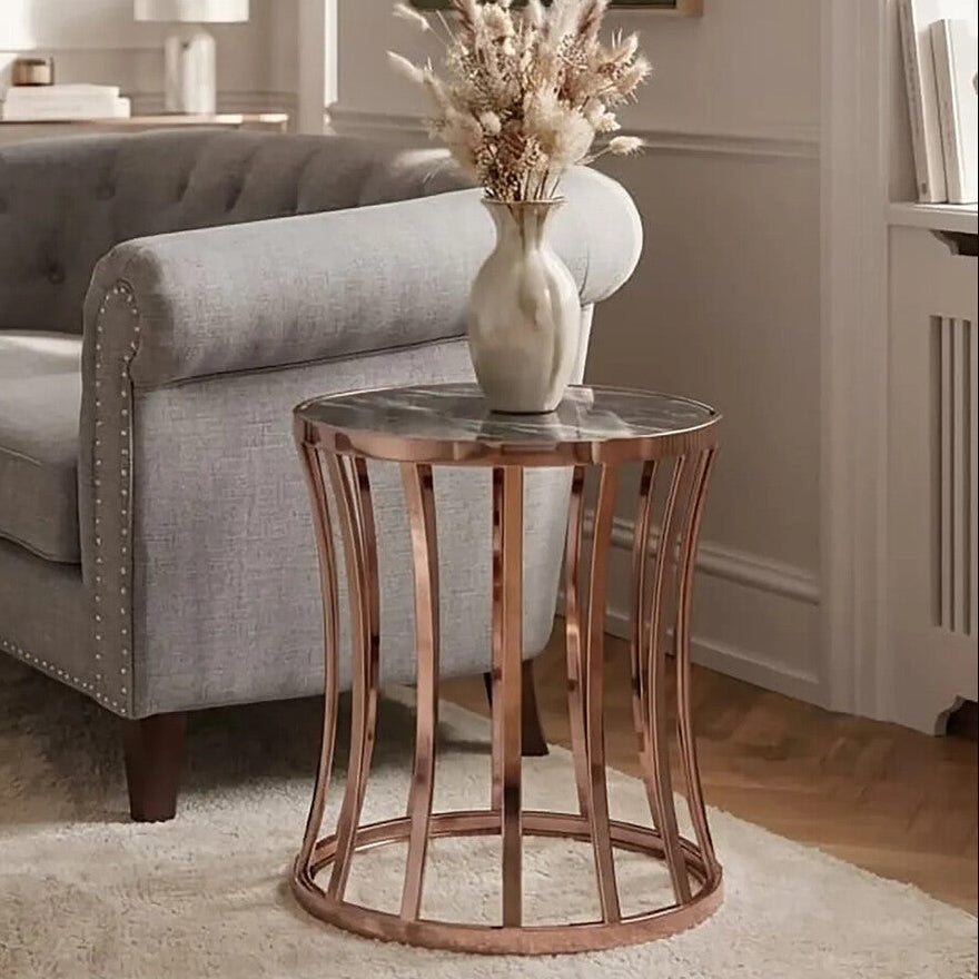 Black Marble Top Round Side Table with Gold Rose Finish Base | Tula