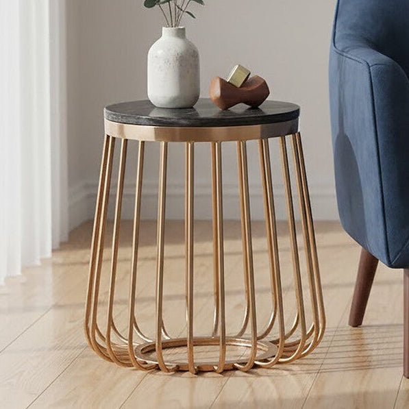 Black Marble Top Round Side Table with Gold Cage Design Metal Base, Tula
