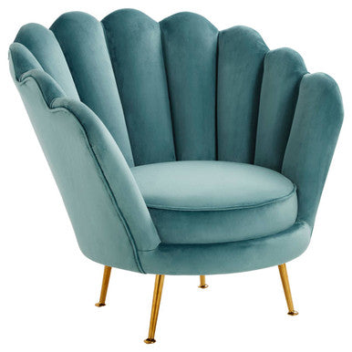 Ovala Blue Velvet Chair with Scalloped Back