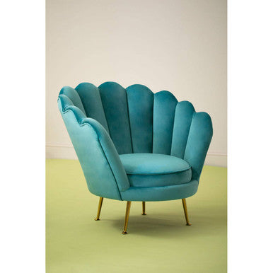Ovala Blue Velvet Chair with Scalloped Back