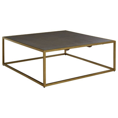 Textured Shahgreen Top and Gold Finish Square Coffee Table, Kempton