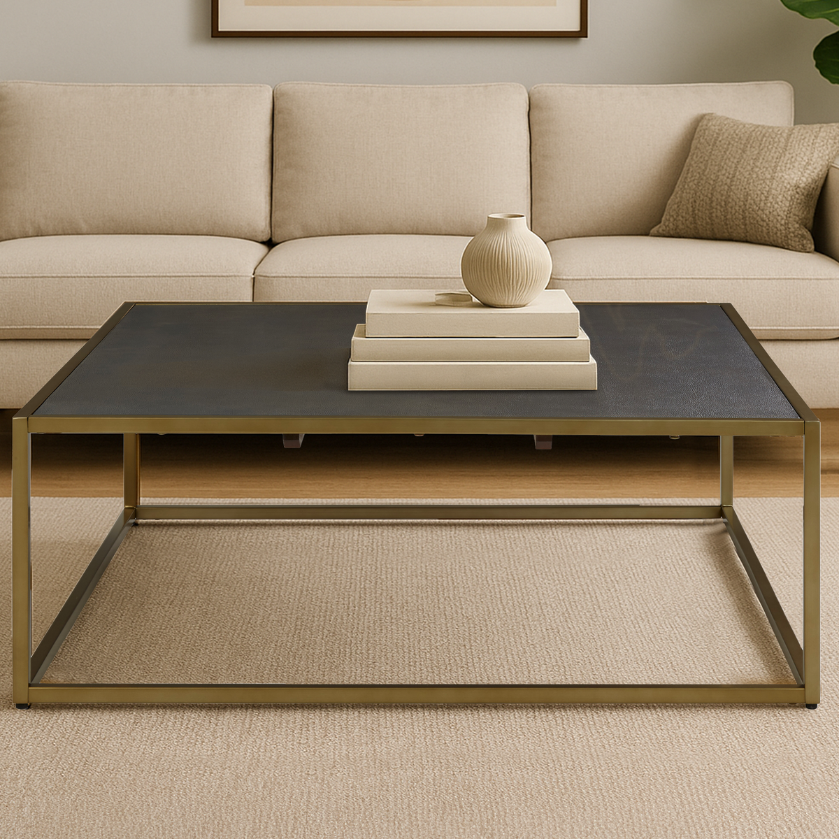 Textured Shahgreen Top and Gold Finish Square Coffee Table, Kempton