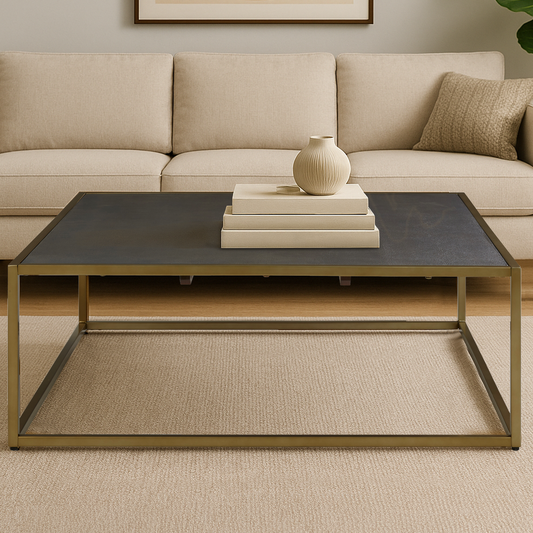 Textured Shahgreen Top and Gold Finish Square Coffee Table, Kempton