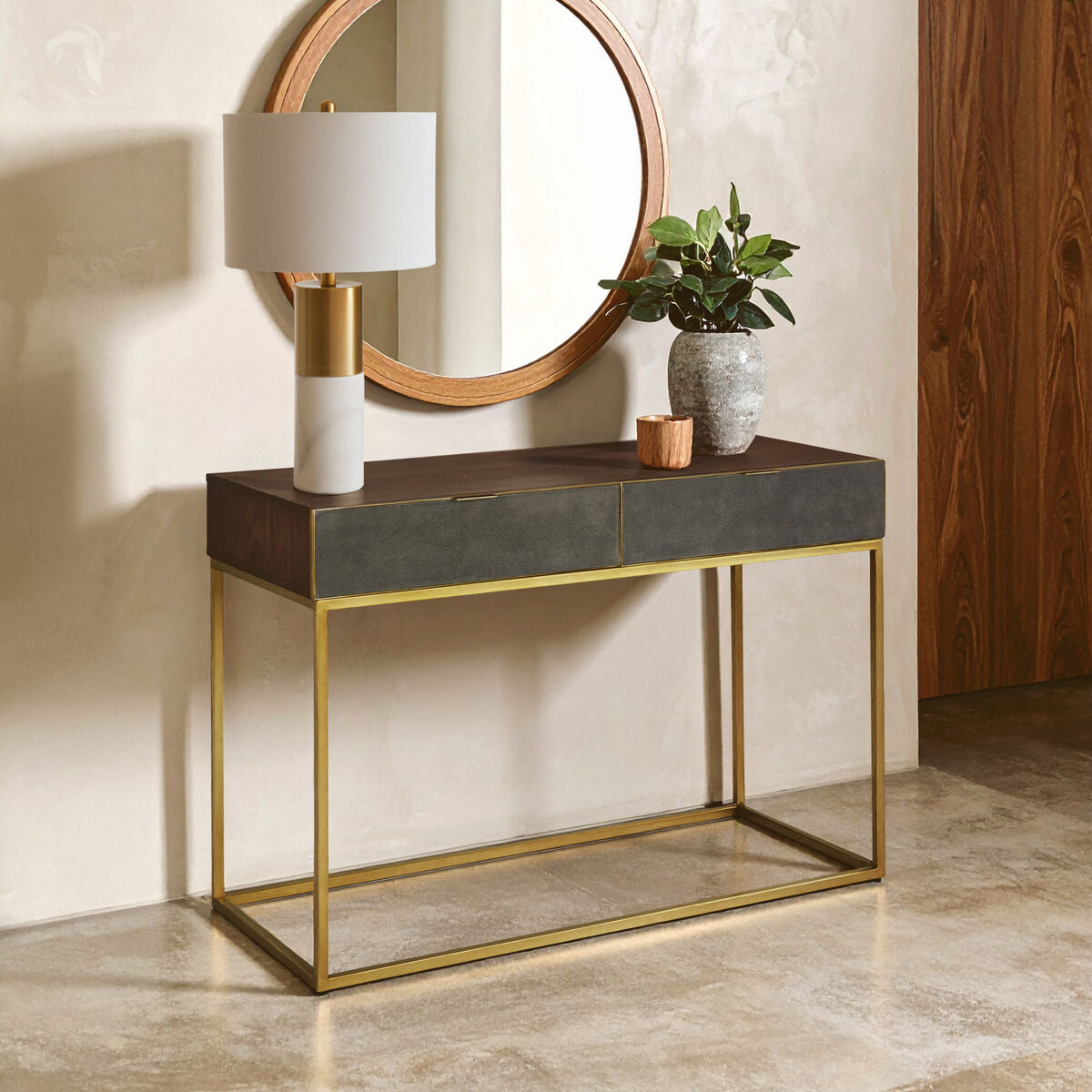 Textured Shahgreen 2 Drawer Gold Finish Console Table, Kempton