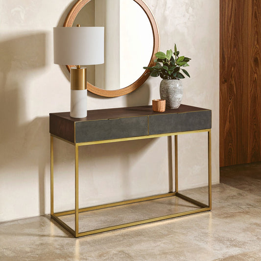 Textured Shahgreen 2 Drawer Gold Finish Console Table | Kempton