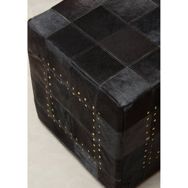 Bosie Black Patchwork Leather Pouffe with Gold Studs | Safira