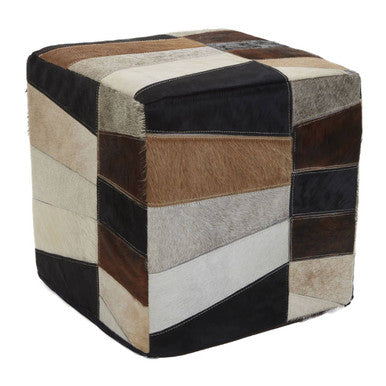 Hair on Leather Pouffe in Geometric Patchwork Design | Safira
