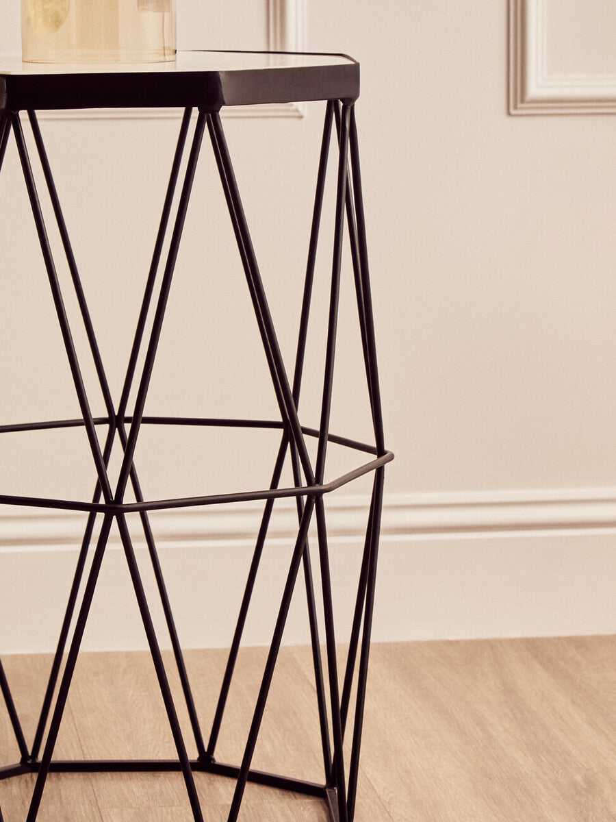 White Marble Top Octagonal Side Table with Black Finish Metal Base | Shalimar