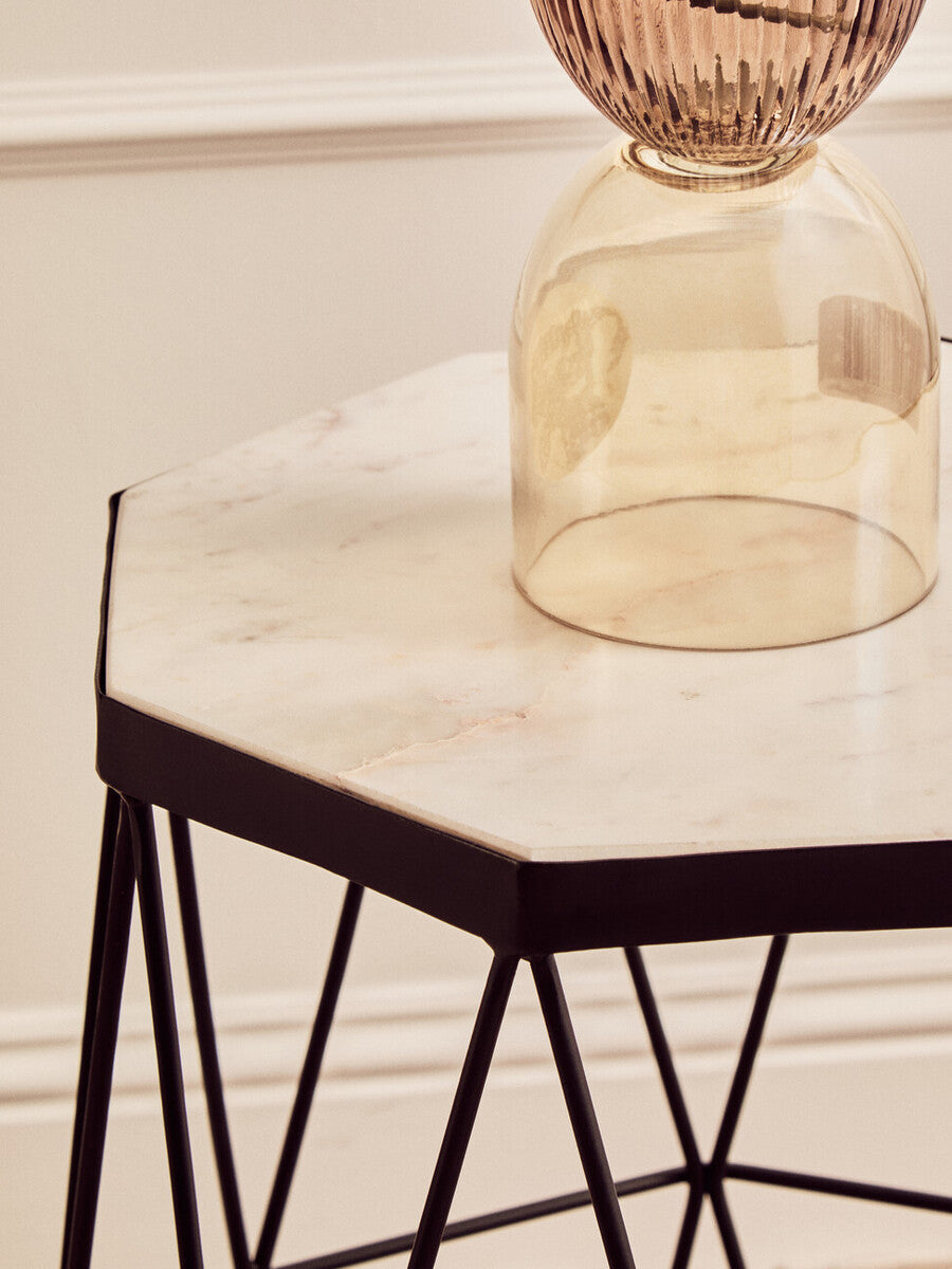 White Marble Top Octagonal Side Table with Black Finish Metal Base | Shalimar