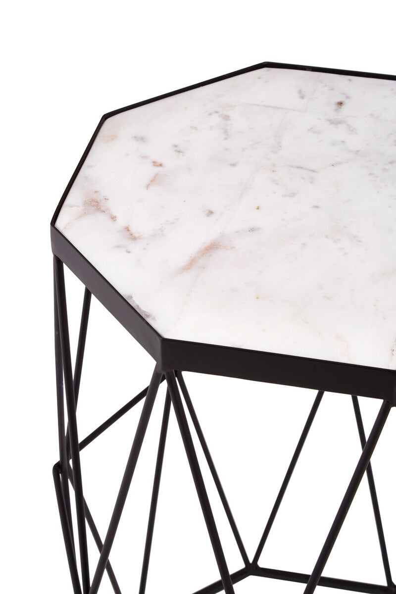 White Marble Top Octagonal Side Table with Black Finish Metal Base | Shalimar