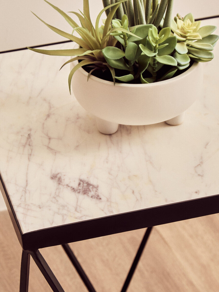 White Marble Top Square Side Table with Black Finish Metal Base | Shalimar