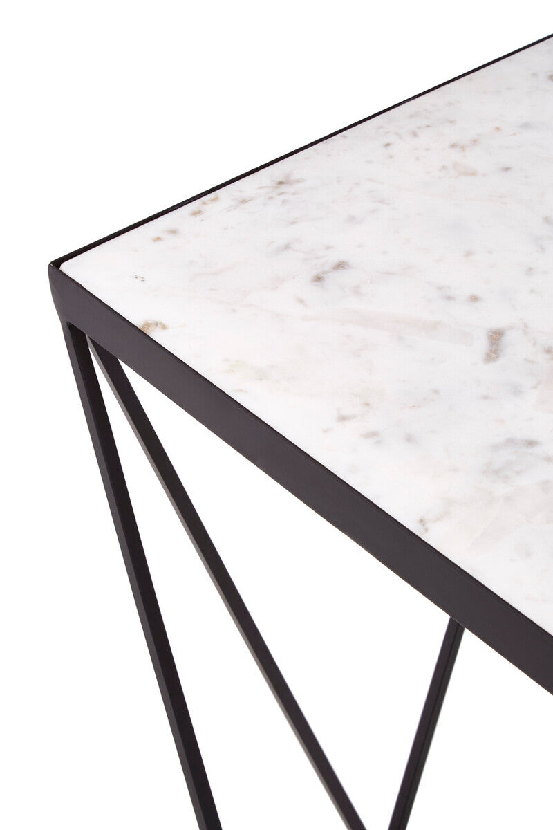 White Marble Top Square Side Table with Black Finish Metal Base | Shalimar