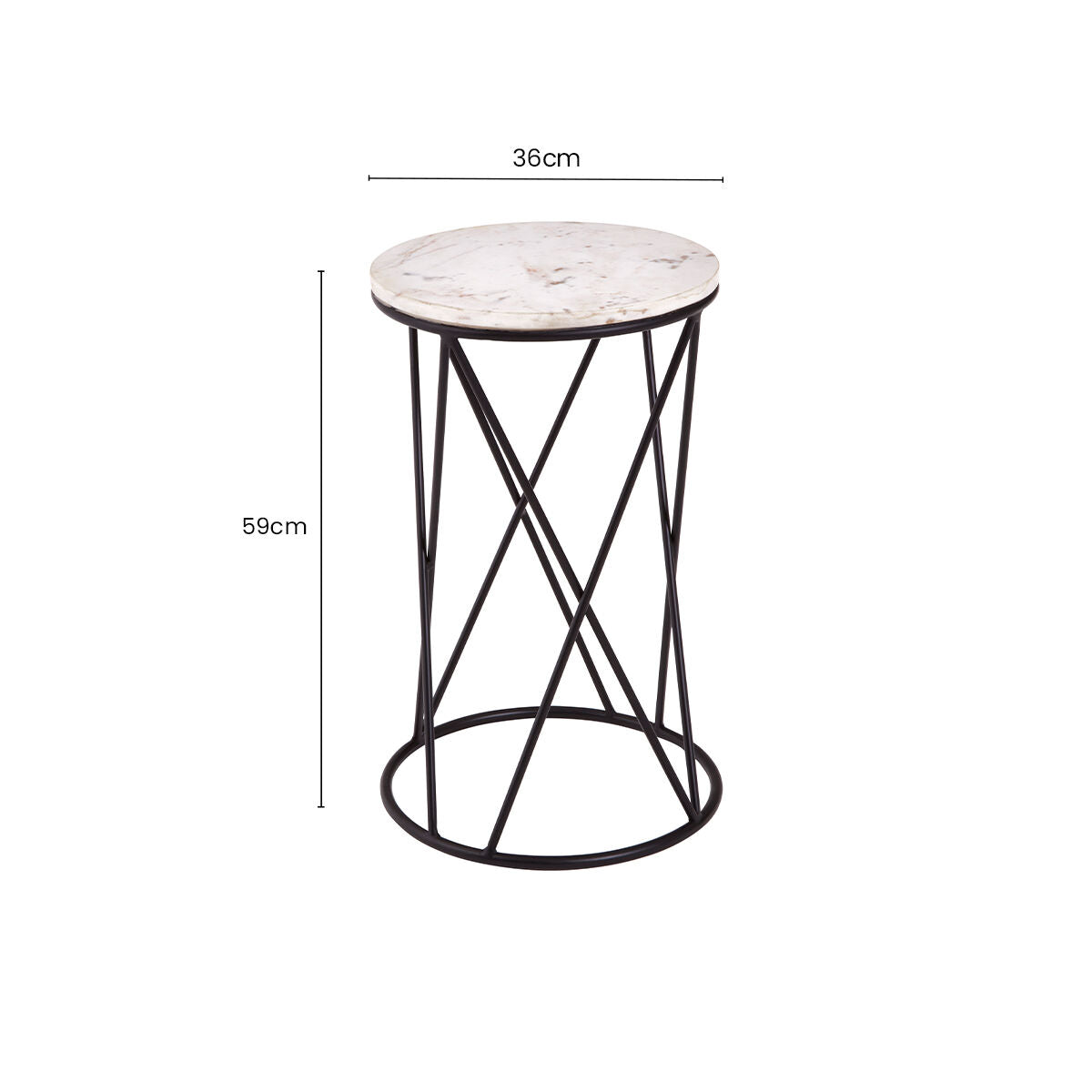 White Marble Top Square Side Table with Black Cross Design Finish Metal Base, Shalimar
