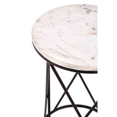 White Marble Top Square Side Table with Black Cross Design Finish Metal Base, Shalimar