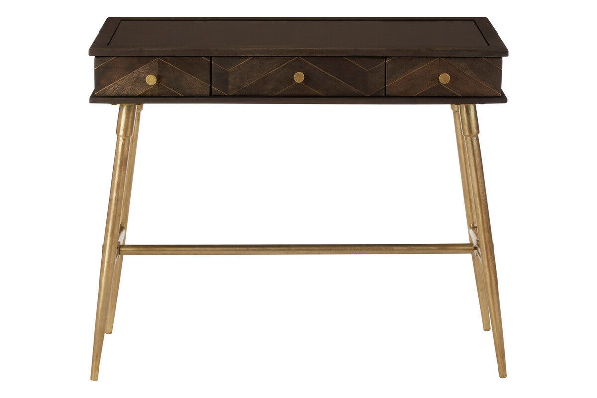 Grey Glass Top 3 Drawer Console Table in Gold Finish Frame, Sagor