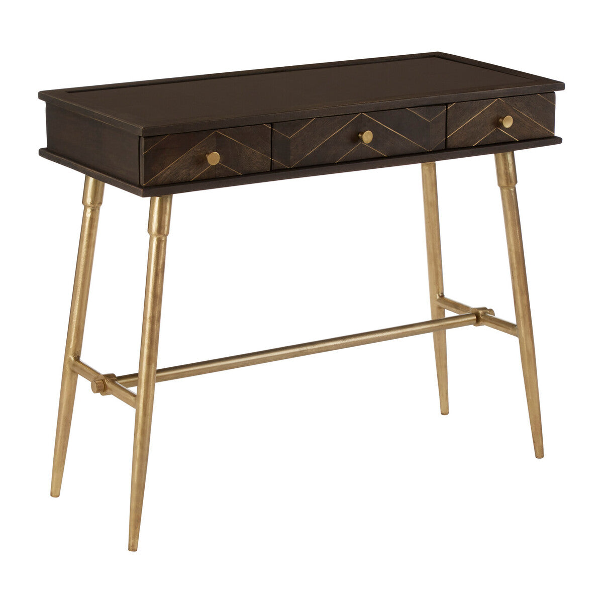 Grey Glass Top 3 Drawer Console Table in Gold Finish Frame, Sagor