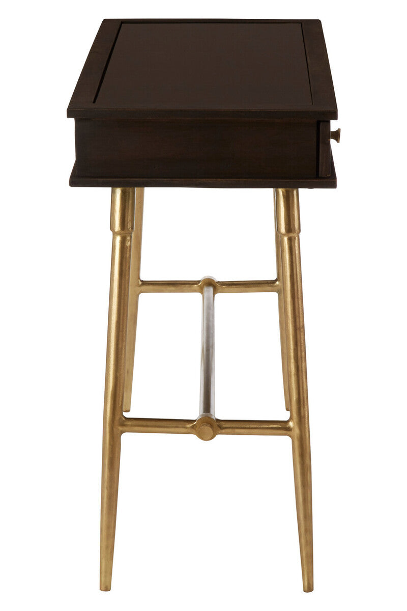 Grey Glass Top 3 Drawer Console Table in Gold Finish Frame, Sagor