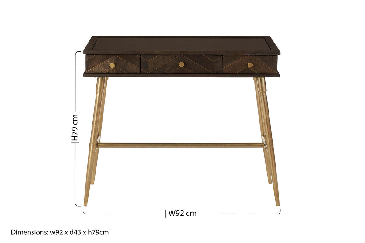Grey Glass Top 3 Drawer Console Table in Gold Finish Frame | Sagor
