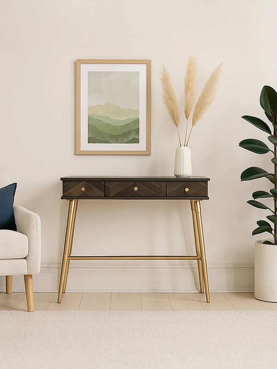 Grey Glass Top 3 Drawer Console Table in Gold Finish Frame, Sagor