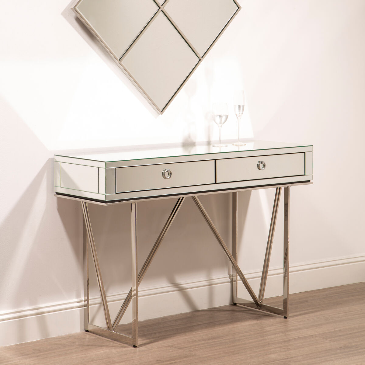 Silver  Mirrored Glass 2 Drawer Console Table | Rova