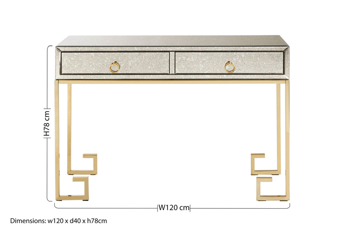 Gold Antique Mirrored Glass and Steel Frame Console Table with 2 Drawers | Rieti