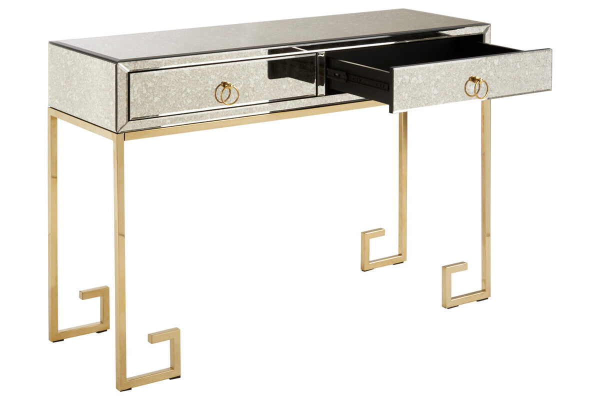 Gold Antique Mirrored Glass and Steel Frame Console Table with 2 Drawers | Rieti