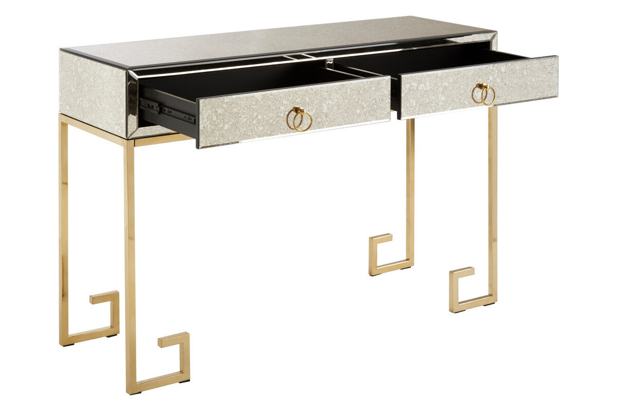 Gold Antique Mirrored Glass and Steel Frame Console Table with 2 Drawers | Rieti