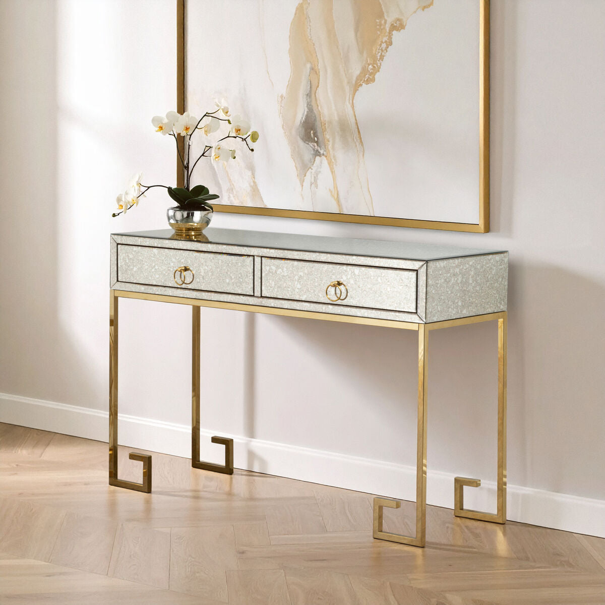 Gold Antique Mirrored Glass and Steel Frame Console Table with 2 Drawers | Rieti