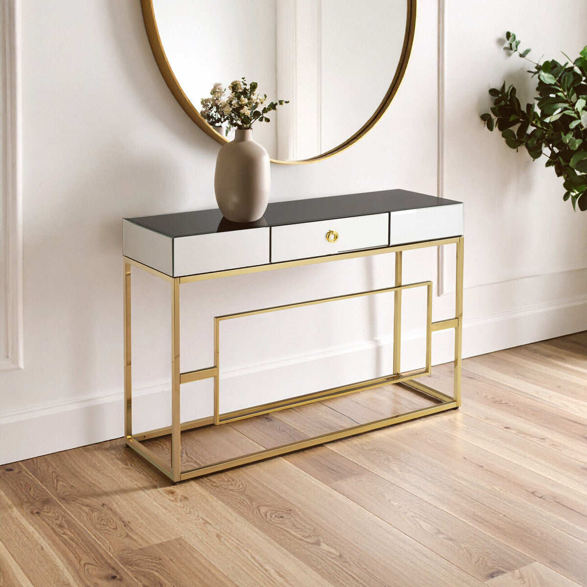 Black Glass Top One Drawer Console Table, Rimini