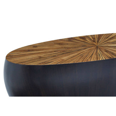 Natural Starburst Patterned Wood Top Round Ebony Console Table with Grey Bamboo Base | Gabo