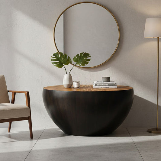 Natural Starburst Patterned Wood Top Round Ebony Console Table with Grey Bamboo Base, Gabo