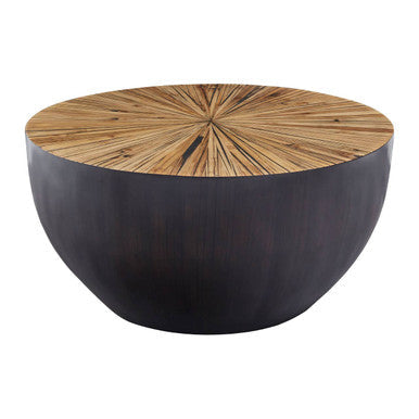 Natural Starburst Patterned Wood Top Round Ebony Small Console Table with Grey Bamboo Base | Gabo