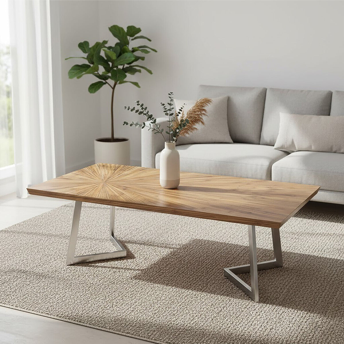 Natural Textured Bamboo Top Coffee Table with Silver Stainless Steel Frame | Gabar
