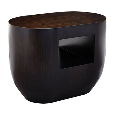 Black Oval Ebony Bamboo Side Table with Curved Edges and Undershelf Storage, Gabelle