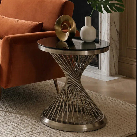 Black Hourglass Top Side Table with Silver Stainless Steel Base, Anzio