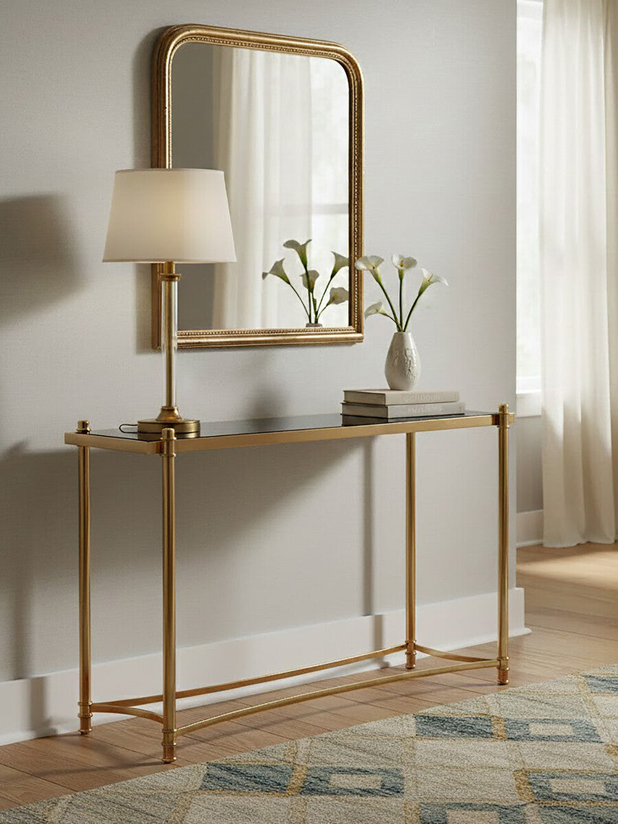 Gold Stainless Steel Base Console Table with Black Glass Top, Ackley
