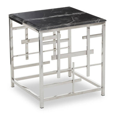 Black Marble Top Side Table with Silver Finish Geometric Stainless Steel Base | Aprilia