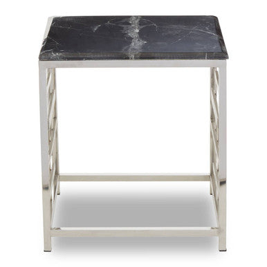 Black Marble Top Side Table with Silver Finish Geometric Stainless Steel Base | Aprilia