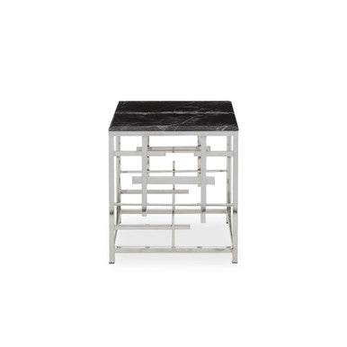 Black Marble Top Side Table with Silver Finish Geometric Stainless Steel Base | Aprilia