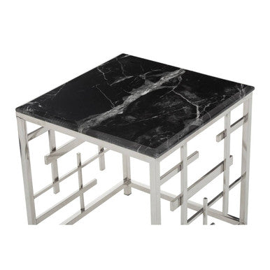 Black Marble Top Side Table with Silver Finish Geometric Stainless Steel Base | Aprilia