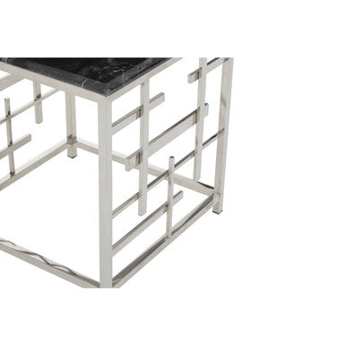 Black Marble Top Side Table with Silver Finish Geometric Stainless Steel Base | Aprilia