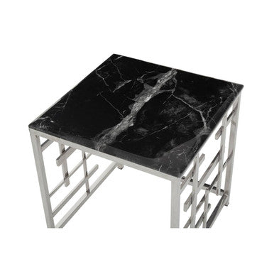 Black Marble Top Side Table with Silver Finish Geometric Stainless Steel Base | Aprilia