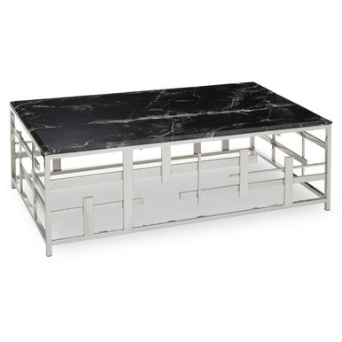 Black Marble Top Coffee Table with Silver Finish Geometric Stainless Steel Base | Aprilia