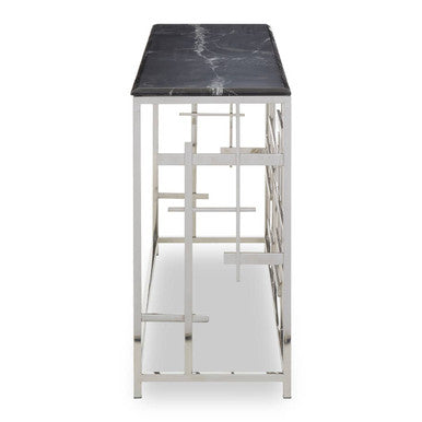 Black Marble Top Console Table with Silver Finish Geometric Stainless Steel Base | Aprilia
