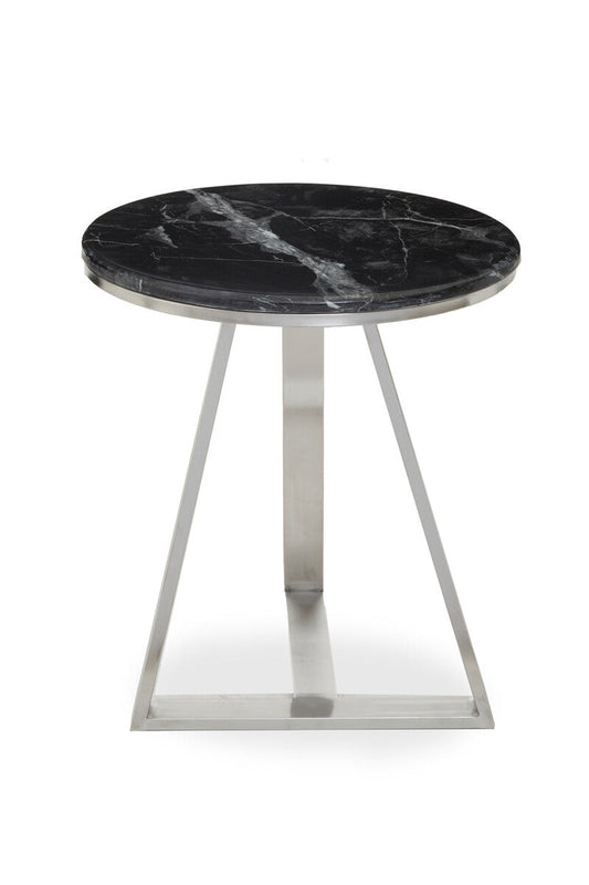 Silver Finish Frame Side Table with Round Black Marble Top, Alvaro