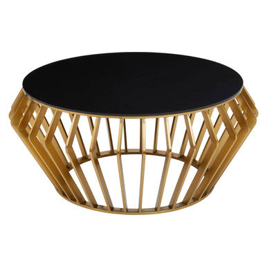Gold Base Round Coffee Table with Black Glass Top, Ackley