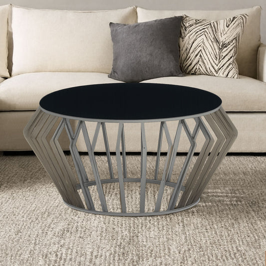 Ackley Silver Round Coffee Table with Black Glass