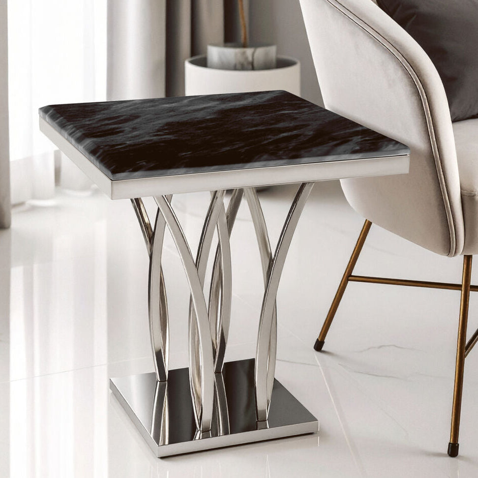 Black Marble Top Side Table with Silver Sculptural Metal Base | Arenza